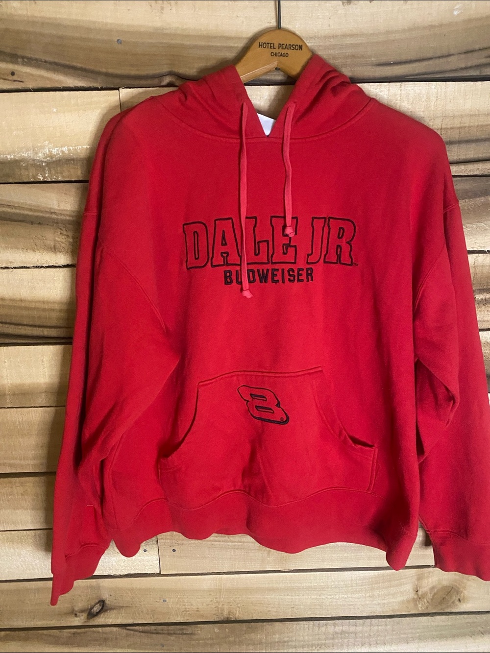 Dale Earnhardt Jr. Budweiser NASCAR Red Hooded Sweatshirt size XL embroidered